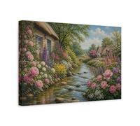 Cottage Garden By The Stream Canvas Print - Living Room, Above Console Table, Pink & Green 18×12 inch (45×30 cm) - Horizontal / 1.25 inch (3 cm)