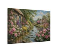 Cottage Garden By The Stream Canvas Print - Living Room, Above Console Table, Pink & Green 24×16 inch (60×40 cm) - Horizontal / 1.25 inch (3 cm)