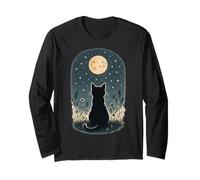 Cottagecore Cat, flores silvestres, pradera, luna, estrellas centelleantes Manga Larga