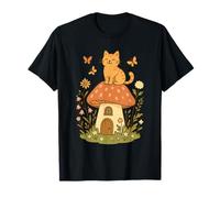 Cottagecore Cat on Mushroom House with Butterflies and Flowe Camiseta