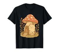 Cottagecore Fluffy Cat with Mushroom House and Wildflowers Camiseta