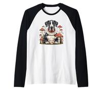 Cottagecore Gran Danés Perro Bebiendo Té Champiñones Fantasía Camiseta Manga Raglan