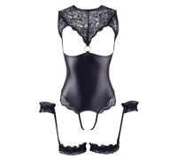 Cottelli Bondage - body brillante abierto y esposas (negro) - L