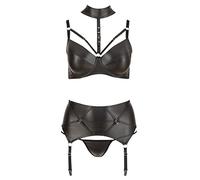 Cottelli Collection conjunto Wetlook lencería Erotique 3 piezas Con Liguero, Negro, talla 85el negro large