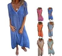 Cotton and Linen V-Neck Midi Dress,Dress, Linen Dresses for Women,A Line Linen Long Dress, Solid Casual Dress (Blue,L)