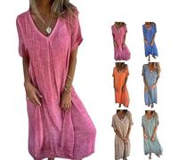 Cotton and Linen V-Neck Midi Dress,Dress, Linen Dresses for Women,A Line Linen Long Dress, Solid Casual Dress (Rose,3XL)