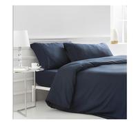 COTTON ARTean Funda nordica 200x200 Saten DE 400 Hilos LOREA Azul | 4 Piezas: Funda edredón nórdico + 2 Fundas de Almohada + sábana Bajera Ajustable 200 Saten ALGODÓN 100%. Cierre con Botones