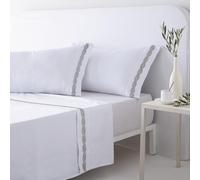 COTTON ARTean Juego de sábanas 200x200 Saten algodón Egipcio DE 300 Hilos Blanco Bordado OLARIZU Gris 4 piezas: Encimera, 2 Fundas de Almohada, Bajera Ajustable