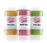 Cotton Candy Express Paquete variado de azúcar de hilo dental con tarros de plástico de 3 a 11 onzas de goma de mascar, manzana verde, azúcares de hilo dental de piña colada. Uso con máquina de