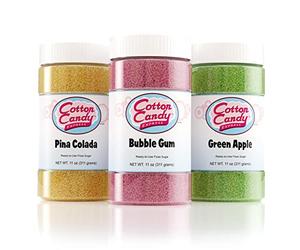 Cotton Candy Express Paquete variado de azúcar de hilo dental con tarros de plástico de 3 a 11 onzas de goma de mascar, manzana verde, azúcares de hilo dental de piña colada. Uso con máquina de