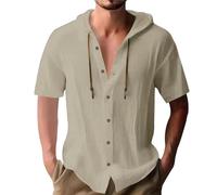 Cotton Hoodie for Mens Short Sleeve Linen Button Down Shirt Casual Breathable Summer Beach Hoodie (Khaki,3XL)
