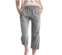 Cotton Linen Capri Trousers for Girls Summer Baggy Straight Wide Leg Cropped Pants Elastic Waist Drawstring Cozy Trousers Teens Preppy Lightweight Comfy Plain Beach Casual Joggers with Pockets