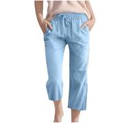 Cotton Linen Capri Trousers for Girls Summer Baggy Straight Wide Leg Cropped Pants Elastic Waist Drawstring Cozy Trousers Teens Preppy Lightweight Comfy Plain Beach Casual Joggers with Pockets