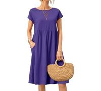 Cotton Linen Dress Women Summer Casual Short Sleeve Round Neck Knee Length Line Dress Loose Fit with Purple X Large
