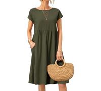 Cotton Linen Dress Women Summer Casual Short Sleeve Round Neck Knee Length Line Dress Loose Fit with Army Green 5X Large