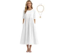Cotton Linen Dresses for Women Round Neck Short Sleeve Midi Dress,Loose Plus Size Solid Breathable Summer Casual Beach Dress (White,4XL)