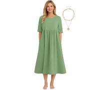 Cotton Linen Dresses for Women Round Neck Short Sleeve Midi Dress,Loose Plus Size Solid Breathable Summer Casual Beach Dress (Light Green,XL)