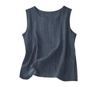 Cotton Linen Tank Tops for Women Summer Sleeveless Crewneck Loose Comfy Gauze Linen Vest Tops Breathable Casual (Navy Blue,5XL)