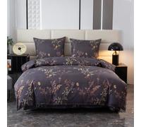 Cotton Market Juego de ropa de cama de 3 piezas, funda nórdica de 155 x 200 cm y 2 fundas de almohada de 70 x 80 cm, flores doradas (morado)