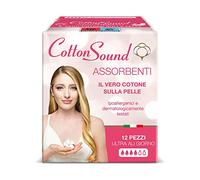 COTTON SOUND Ultra ali Day Absorbentes con algodón 12 piezas, 100% algodón hidrófilo, hipoalergénicos, dermatológicamente probados, superabsorbentes, tecnología multicapa, Made in Italy
