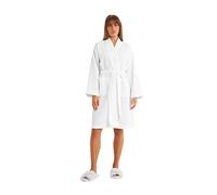 Cotton Trend Albornoz blanco de gofre para mujer, 100% algodón turco, bata ligera con cuello kimono, bata de baño para mujer, bata de lujo suave hasta la rodilla, ropa de descanso perfecta, blanco, S