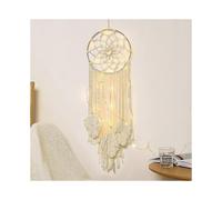 Cotton Woven Wall Hanging Moon Dream Catcher with Fairy Lights Round Tassel Wall Decor Boho Decor Tassel Home, Beige