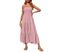 Couawaticy Vestido largo de verano para mujer, casual, bohemio, sin mangas, tirantes delgados, fruncido, escalonado, largo, para playa, B-rosa, XXL
