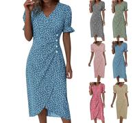 Couawaticy Vestidos de verano para mujer, estilo bohemio, casual, de manga corta, con botones, floral, con bolsillos, para fiesta, club, playa, vestidos elegantes, Azul-B, 3XL