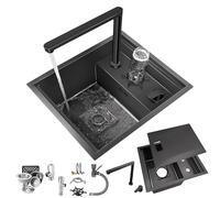 Coubird Fregadero de cocina negro invisible, adecuado para bar, caravana, cocina, grifo plegable integrado, fregadero pequeño de acero inoxidable de un solo tazón (negro/C, 45 x 50 cm)