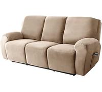 Couch Slipcovers Stretch Recliner Sofa Cover Velvet Reclining Couch Cover with Side Pocket Anti-Slip Fitted Recliner Sofa Slipcovers Furniture Covers with Elastic Bottom (Camel,3 Seater 8-Piece)