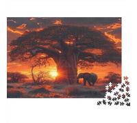 Coucher de Soleil Sur un arbre africain | Pour Adultes |Scène de faune de Savane| 70x50cm/1000pcs Puzzles Jeux Éducatifs Puzzles De Décoration Intérieure