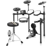 Coucheta Batería eléctrica, batería electrónica para principiantes, 5 tambores 3 platillos, kit de batería con almohadillas de tambor de malla silenciosa, 390 sonidos, pedal de patada, trono