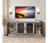coucheta Soporte de TV industrial centro de entretenimiento para televisores de hasta 70 pulgadas, mesa consola multimedia de madera con estantes de almacenamiento, puerta de granero de malla y marco