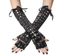 Coucoland Guantes largos para mujer, con cordones, ópera, fiesta, semiguantes, disfraz de mujer, accesorios de disfraz, Encaje Negro, 14,56 cm