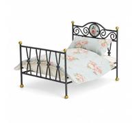 CoudarTitie Cama de Muñeca Miniatura Vintage Ornamental con Cabecera de Medallón Piecera Estructura Metálica y Set de Ropa de Cama, Negro, Cama De Hierro Retro De 16cm Flores Rosas sobre Fondo Azul