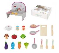 CoudarTitie Children Play Kitchen Cocina de Juguete Infantil Juego de Cocina Set de Utensilios Estufa con Mandos Madera con Colgadores y Reloj Adecuada para, Pequeño, Ros Frutas
