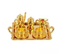 CoudarTitie Juego de Té en Miniatura para Casa de Muñecas Set de Cocina Mini Vajilla Mini Accesorios de Maqueta Aleación Pulida con Tetera Jarra Azucarero Tazas y, Dorado