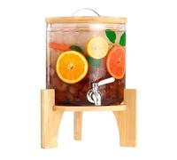 COUIVQA Cubeta de Vidrio para Jugo, máquina de Bebidas para Fiestas de 5 l, dispensador de Jugo con Soporte de Madera y Grifo de Acero Inoxidable, máquina dispensadora de Bebidas para fies