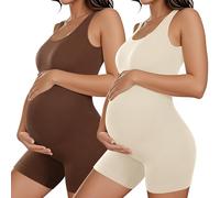 Coume 2 piezas de body de maternidad para mujer, moldeador sin mangas, camiseta sin mangas, pantalones cortos, overol acanalado para entrenamiento de maternidad, Beige, café, M