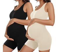 Coume 2 piezas de body de maternidad para mujer, moldeador sin mangas, camiseta sin mangas, pantalones cortos, overol acanalado para entrenamiento de maternidad, negro, (Black, Beige), S