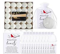 Coume Juego de 50 velas blancas conmemorativas para fiestas funerarias, sin perfume, velas de té con tarjetas de duelo de condolencia, bolsas de organza para decoración de celebración de la vida de