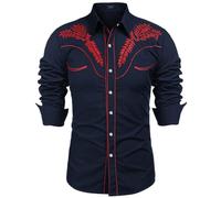 Country Western Camisa Hombre Bordada Delgado Manga Larga Retro Vintage Boda Fiesta Impresión Tradicional Solapa Camisa Vaquera Traje, O Navy, L