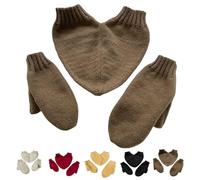 Couple Holding Hands Heart Knit Gloves Set,3 PCS Heart Shape Knit Mittens Set,Winter Warm Full Finger Gloves for Couples (Brown)