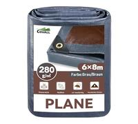 COVALL Lona de carga pesada, con ojales, 6 x 8 m, 280 g/m², resistente al desgarro, 920 N, grosor industrial, resistente al agua y a los rayos UV, gris/marrón (ambos lados) para obras, jardín, almacén