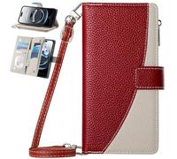 Cover de Cuero Tipo Billetera para Huawei Nova 12Ultra/12Pro con Correa para la muñeca, Soporte y Tarjetero, Funda de Bolsillo con Cremallera para Huawei Nova 12Ultra/12Pro-Rojo