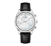 COVER Reloj de mujer con correa de cuero o acero inoxidable con cristal de zafiro CO207 Valentina Chrono 5 ATM, Plata / Nácar / Correa de Cuero Negro