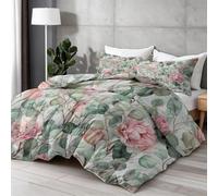 Coverless - Juego de edredón reversible de microfibra floral de acuarela para todas las estaciones, diseño oriental tradicional de peonía floral, hoja de eucalipto, ligero, rosa y verde