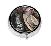 Cowboy Black Hat Western Bootspill Box, pastillero redondo, 3 compartimentos, para bolso o bolsillo, pastillero portátil de viaje