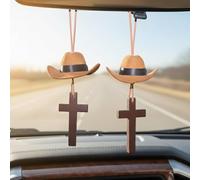 Cowboy Hat & Cross Car Charm | A Ride with Style & Faith, Western Rearview Mirror Ornament, Country Style Hanging Decor for Auto Interior, Gift for Men & Women (2Pcs-Brown)