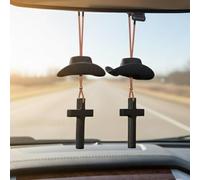 Cowboy Hat & Cross Car Charm | A Ride with Style & Faith, Western Rearview Mirror Ornament, Country Style Hanging Decor for Auto Interior, Gift for Men & Women (2Pcs-Black)